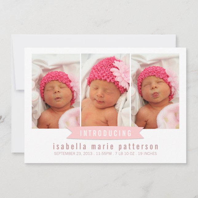 Modern Banner Baby Girl Photo Birth Announcement (Front)