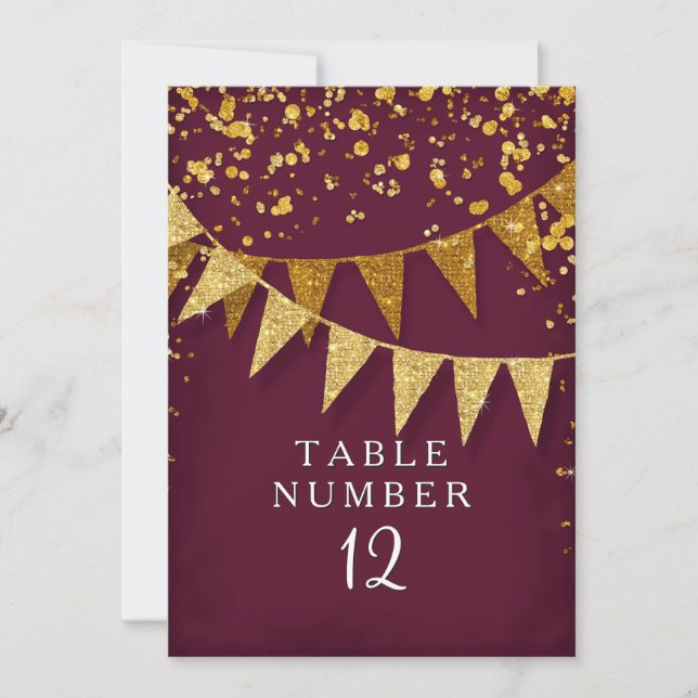 Modern Banner Gold Glitter Burgundy Table Number (Front)