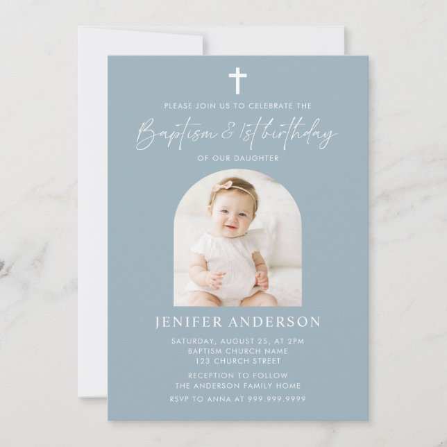 Modern Baptism & 1st Birthday Girl  Invitation (Front)