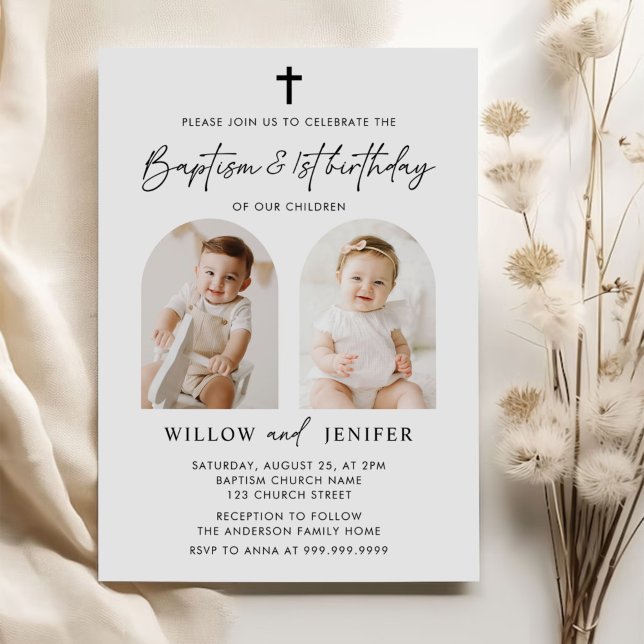 Modern Baptism & 1st Birthday Twins Boy and Girl  Invitation (Creator Uploaded)