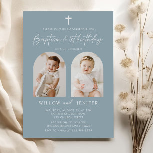 Modern Baptism & 1st Birthday Twins Boy and Girl  Invitation