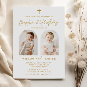 Modern Baptism & 1st Birthday Twins Boy and Girl  Invitation