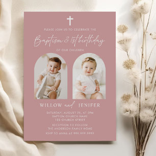 Modern Baptism & 1st Birthday Twins Boy and Girl  Invitation
