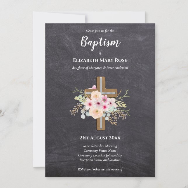 Modern BAPTISM Christening Bautizo INVITE FLORAL (Front)
