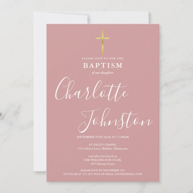 Modern Baptism Christening Dusty Rose Pink Invitation (Front)