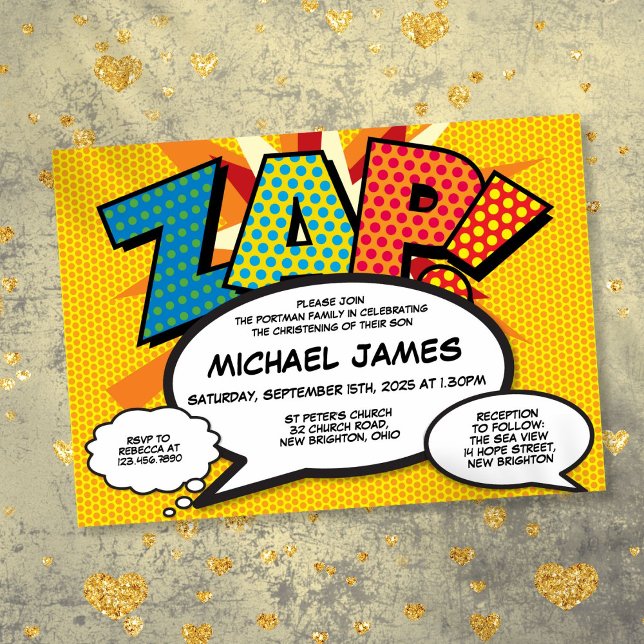 Modern Baptism Christening Fun Comic Book ZAP  Invitation (Modern Baptism Christening Fun Comic Book ZAP Invitation)