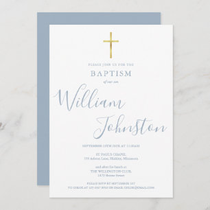 Modern Baptism Christening Gold Cross Dusty Blue Invitation