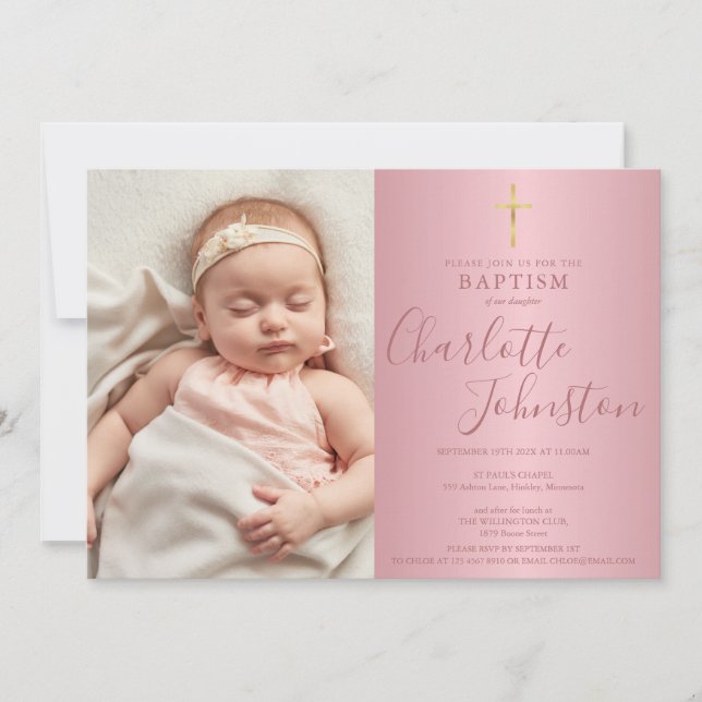 Modern Baptism Christening Rose Gold Script Photo Invitation (Front)