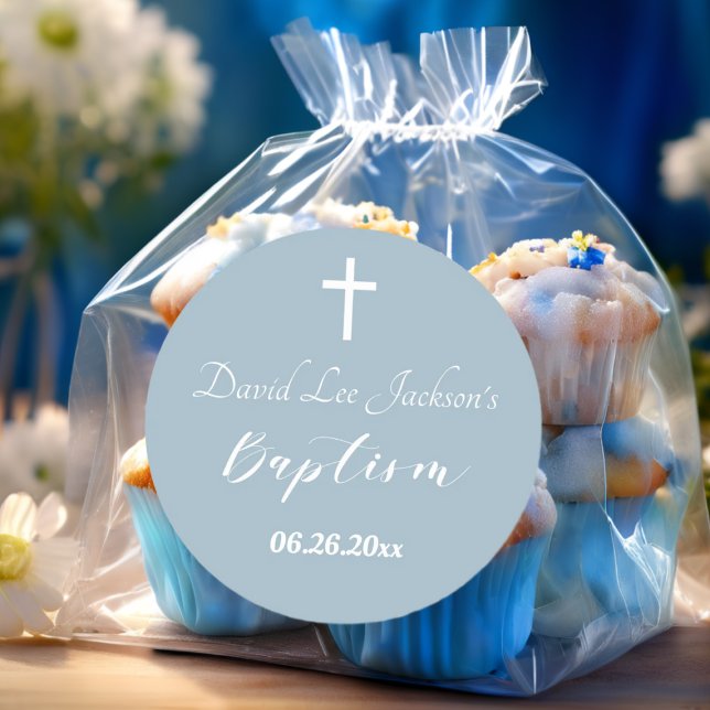 Modern Baptism Christening White Cross Dusty Blue  Classic Round Sticker (Creator Uploaded)