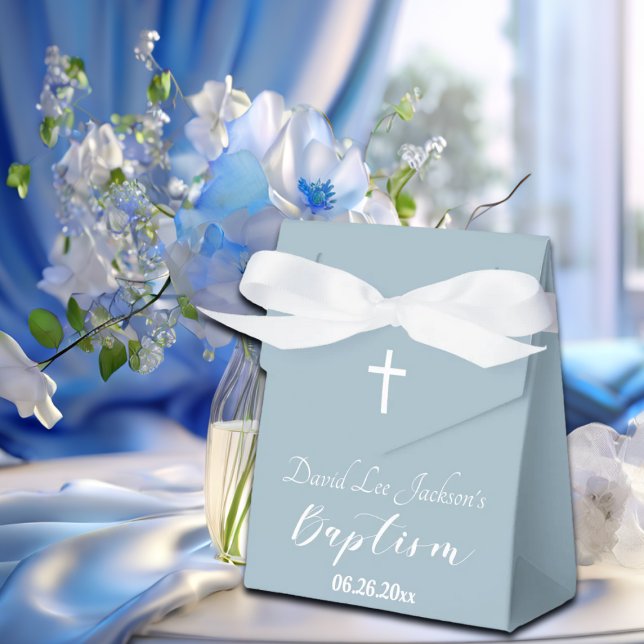 Modern Baptism Christening White Cross Dusty Blue  Favour Box (Creator Uploaded)