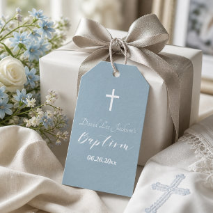 Modern Baptism Christening White Cross Dusty Blue  Gift Tags