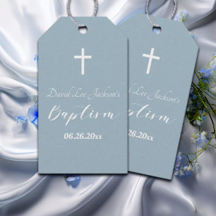 Modern Baptism Christening White Cross Dusty Blue  Gift Tags