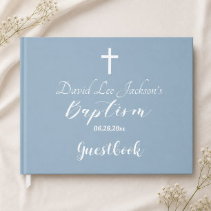 Modern Baptism Christening White Cross Dusty Blue Guest Book