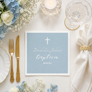 Modern Baptism Christening White Cross Dusty Blue  Napkin