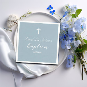 Modern Baptism Christening White Cross Dusty Blue  Napkin