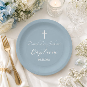 Modern Baptism Christening White Cross Dusty Blue  Paper Plate