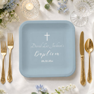 Modern Baptism Christening White Cross Dusty Blue Paper Plate