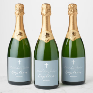 Modern Baptism Christening White Cross Dusty Blue  Sparkling Wine Label