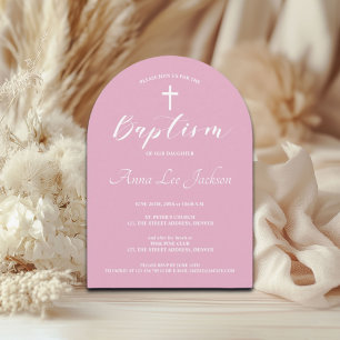 Modern Baptism Christening White Cross Dusty Pink Invitation