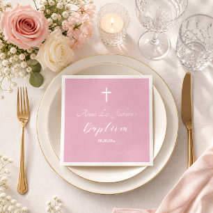 Modern Baptism Christening White Cross Dusty Pink Napkin