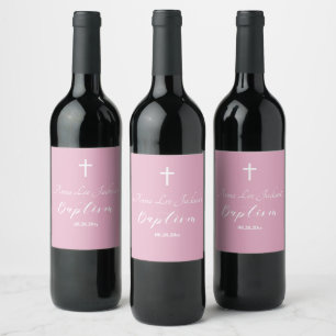 Modern Baptism Christening White Cross Dusty Pink Wine Label