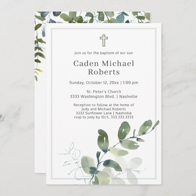 Modern Baptism Greenery Cross Invitation (Front/Back)