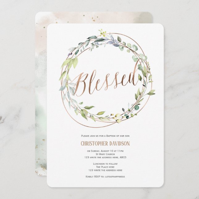 Modern, Baptism Invitation, Watercolor, Greenery, Invitation (Front/Back)