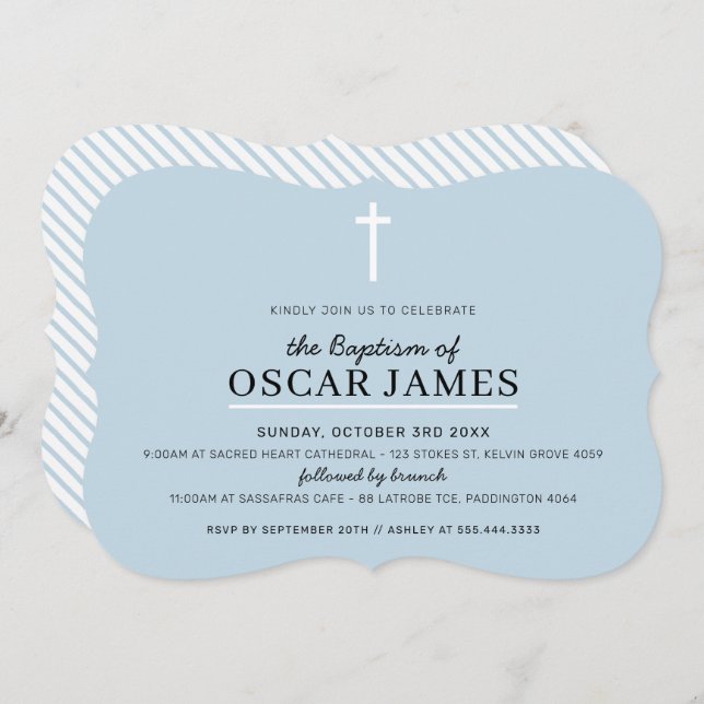 MODERN BAPTISM minimal cross simple pale blue boy Invitation (Front/Back)