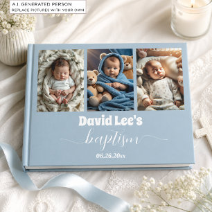 Modern Baptism Photo Collage Dusty Blue Guest Book