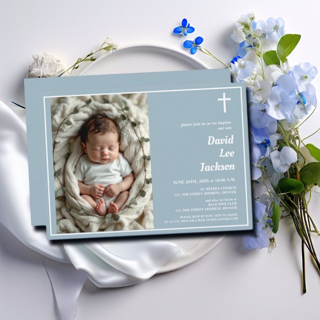 Modern Baptism White Cross Dusty Blue Photo Invitation (Creator Uploaded)