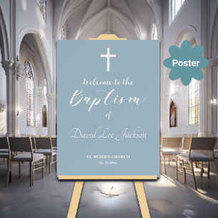 Modern Baptism White Cross Dusty Blue Welcome  Poster