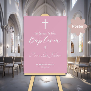 Modern Baptism White Cross Dusty Pink Welcome  Poster