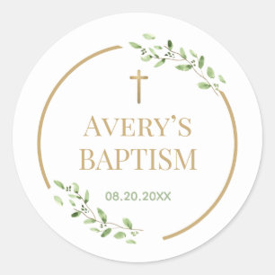 Modern Baptism wreath Gold cross Customisable Classic Round Sticker