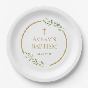 Modern Baptism wreath Gold cross Customisable Paper Plate