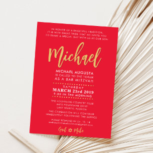 Modern Bar Mitzvah boy modern red + gold Invitation