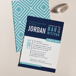 MODERN BAR MITZVAH cool bold block navy aqua blue Invitation