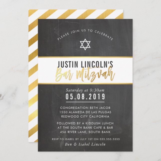 MODERN BAR MITZVAH cool chalkboard gold writing Invitation (Front/Back)