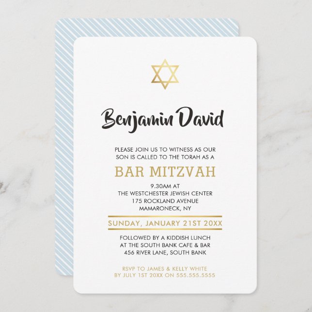 MODERN BAR MITZVAH INVITE simple stylish gold star (Front/Back)