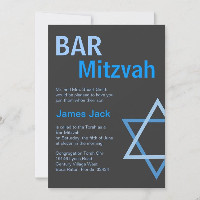 Modern Bar Mitzvah Invitiation- Blue & Gray Invitation (Front)