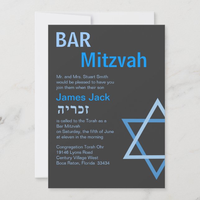 Modern Bar Mitzvah Invitiation with H - Customised Invitation (Front)