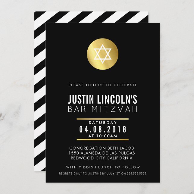 MODERN BAR MITZVAH party INVITE gold spot black (Front/Back)