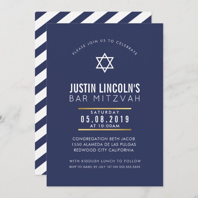 MODERN BAR MITZVAH party plain bold minimal navy Invitation (Front/Back)