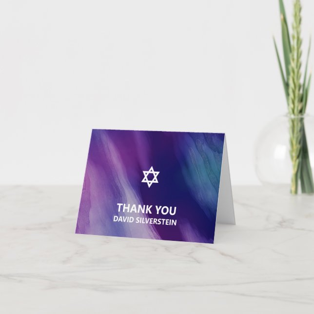 Modern Bar Mitzvah Purple Blue Thank You Card (Front)