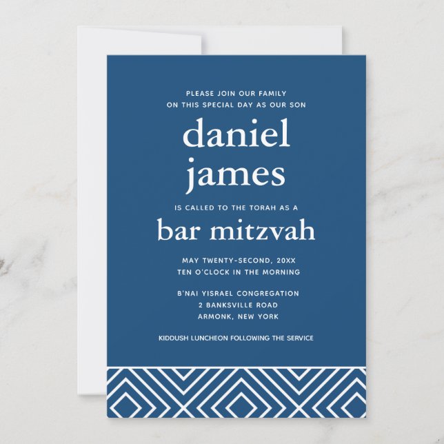 Modern Bar Mitzvah QR Code Details and Reply, Blue Invitation (Front)