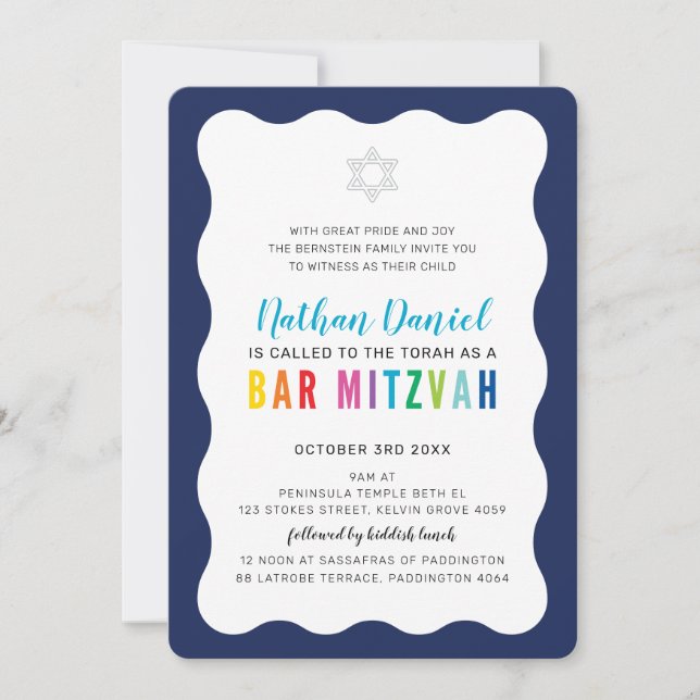 MODERN BAR MITZVAH rainbow colours wavy border blu Invitation (Front)