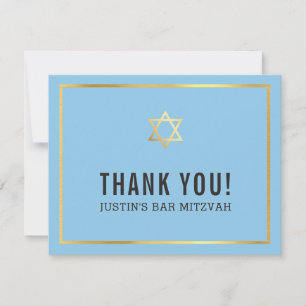 MODERN BAR MITZVAH simple thank you gold star blue Card