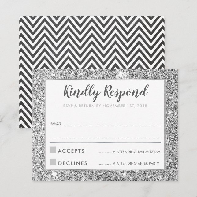 MODERN BAR MITZVAH thank you cool silver glitter Invitation (Front/Back)