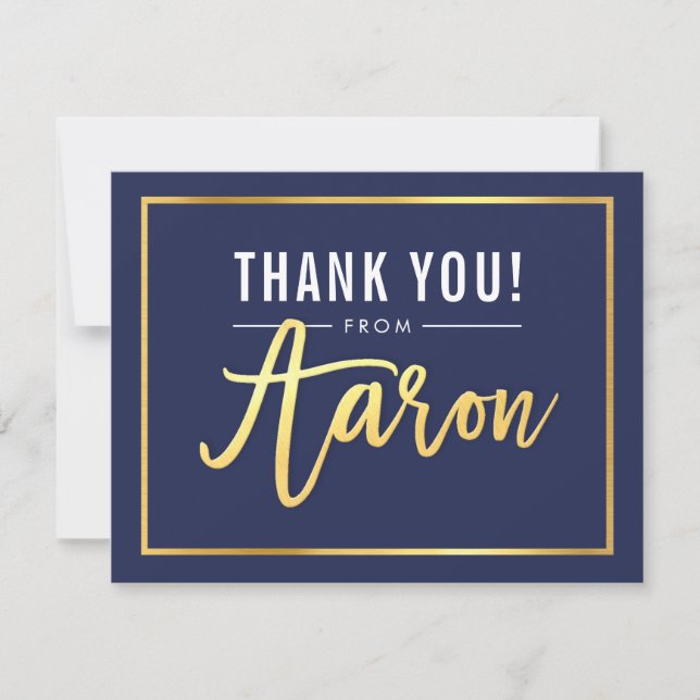 MODERN BAR MITZVAH thank you gold foil AARON navy (Front)