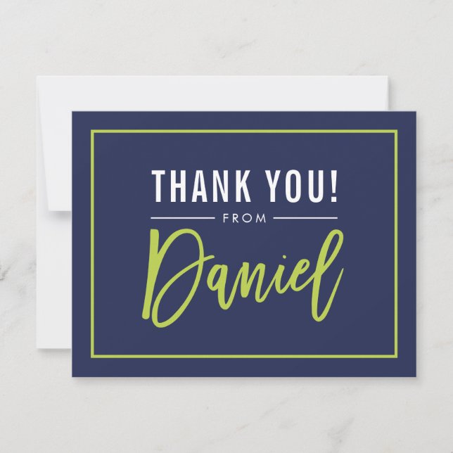 MODERN BAR MITZVAH thank you lime name DANIEL Card (Front)