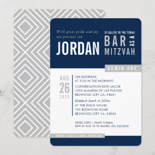 MODERN BAR MITZVAH trendy bold block navy grey Invitation